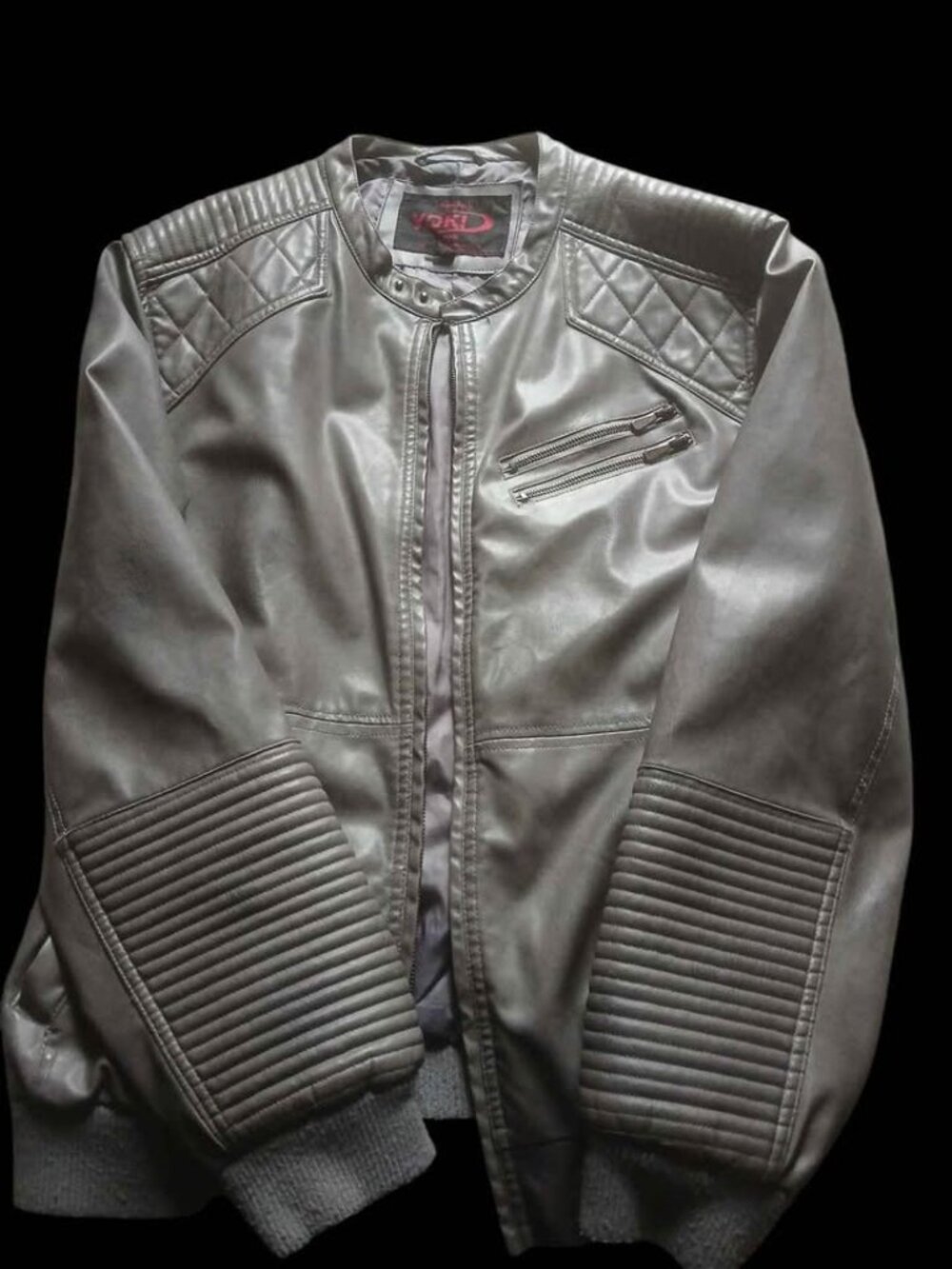 YORD Faux Leather Moto Jacket Silver Grey Quilted Ribbed